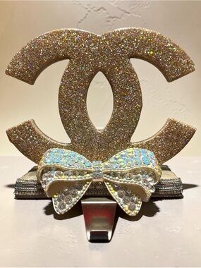 Glitter Rhinestone Bow Christmas Stocking Holder Glam Mantel Decor Handmade